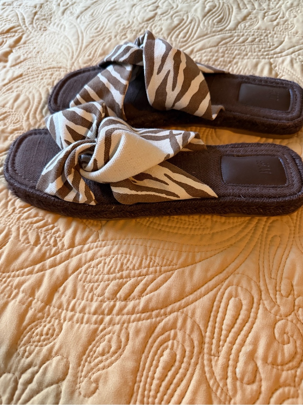H&M Brown Slide Sandals with Cream and Brown Zebra Bow